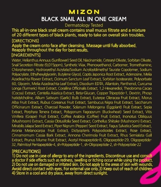 image:imageMIZON Black Snail All in One Cream Intensive Korean Skin Care Facial Moisturizer with Snail Mucin Extract 254 fl oz253 Fl Oz Pack of 1