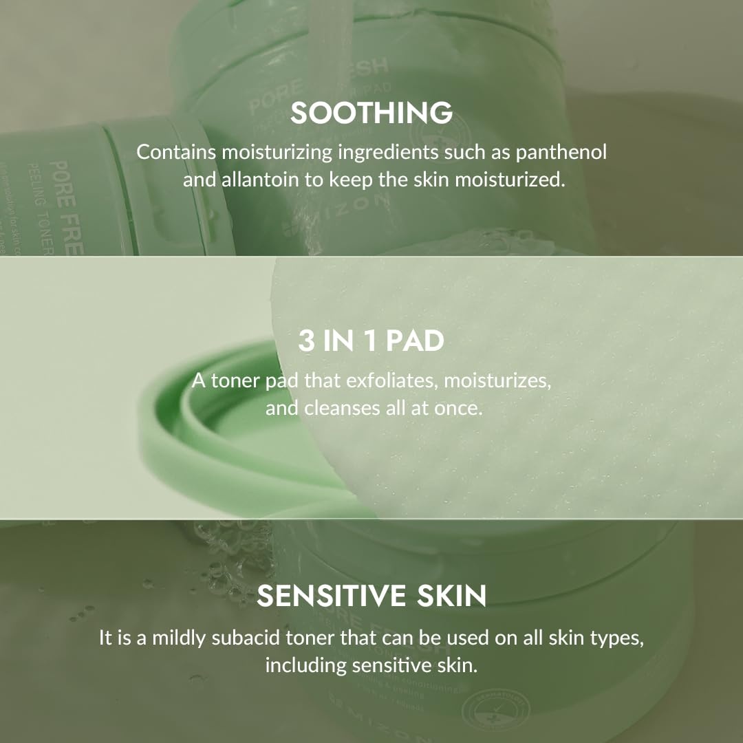 image:imageMIZON Pore Fresh Peeling Toner Pads with AHA BHA PHA Tea Tree amp Turmeric Extracts Gentle Exfoliation amp Deep Cleansing Cotton Soothing Exfoliating Pore Tightening for Face 60 PCS